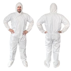 White Hazmat Suits, Medium. Pack of 25 Waterproof MPP Disposable Coveralls with Hood, Boots, Elastic Wrists