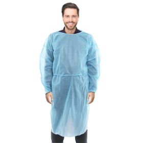 Disposable Isolation Gown X-Large. Pack of 10 Blue Disposable Gowns with Sleeves, Elastic Wrists