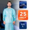 Blue Polyethylene Isolation Gowns 45 Long. Pack of 25 Medical Disposable Gowns with Sleeves. Protective Gown Disposable 1 Mil Large Unisex Disposable