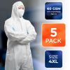 White Hazmat Suits, 4X-Large. Pack of 5 Waterproof MPP Disposable Coveralls with Hood, Boots, Elastic Wrists