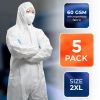 White Hazmat Suits, 2X-Large. Pack of 5 Waterproof MPP Disposable Coveralls with Hood, Boots, Elastic Wrists