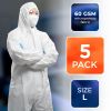 White Hazmat Suits, Large. Pack of 5 Waterproof MPP Disposable Coveralls with Hood, Boots, Elastic Wrists