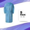 Disposable Isolation Gown X-Large. Pack of 5 Blue Disposable Gowns with Sleeves, Elastic Wrists