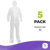 White Disposable Coveralls, X-Large. Pack of 5 Unisex Tear Resistant SMS Lab Coveralls Disposable with Hood, Boots