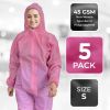 Pink Hazmat Suits, Small. Pack of 5 Lightweight Unisex SPP Disposable Coveralls with Hood, Front Zip