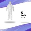 White Hazmat Suits, Small. Pack of 5 Lightweight Microporous Disposable Coveralls with Hood, Boots, Elastic Wrist, Lower Back
