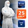 White Hazmat Suits, Medium. Pack of 25 Waterproof MPP Disposable Coveralls with Hood, Boots, Elastic Wrists