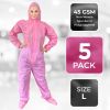 Pink Lab Coveralls Disposable, Large. Pack of 5 Disposable Coveralls with Hood, Boot, Elastic Wrists